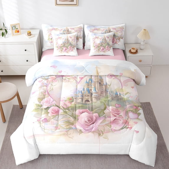 Rustic Floral Bedding 7 Pcs Full Size Blue Castle Print Bed in a Bag Princess Themed Decor Bedding Set with Comforter Nature Pink Flowers Bed Set Cute Romantic Themed Sheet Set