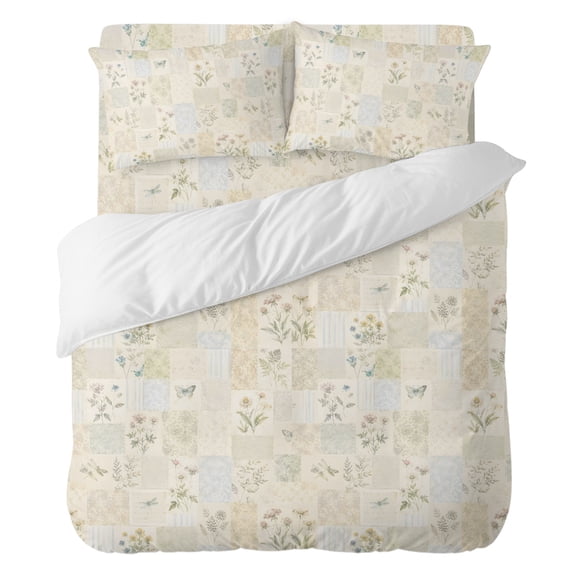 Rustic Floral Bedding Duvet Cover Set Queen Size 4 Pieces, Garden Rosebud Flower Shabby Chic French Country Bedding Set with Zipper, 1 Comforter Cover 90x90 Inches 1 Flat Sheet & 2 Pillow Cases