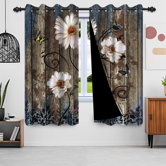 Rustic Floral Blackout Curtain Set of 2 Panels,Vintage Wood Grain Thermal Insulated Window Curtain Drapes for Living Room,52x84 inch