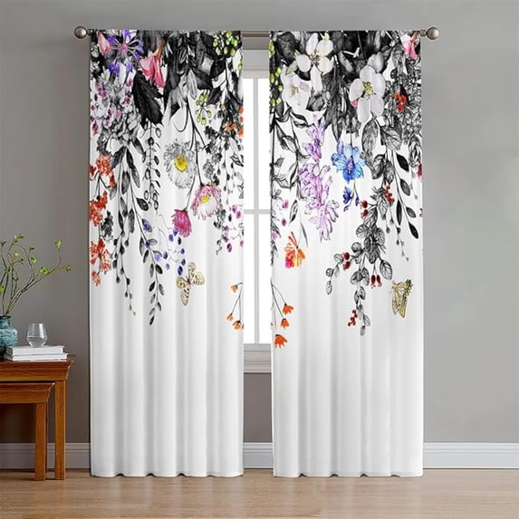 Rustic Floral Blackout Curtains Rod Pocket Set Grey Leaf Vintage Floral Colorful Plant Thermal Insulated Drapes Wildflower Blossom Botanical For Bedroom Living Room 42"W x 108"L (Pack of 2)