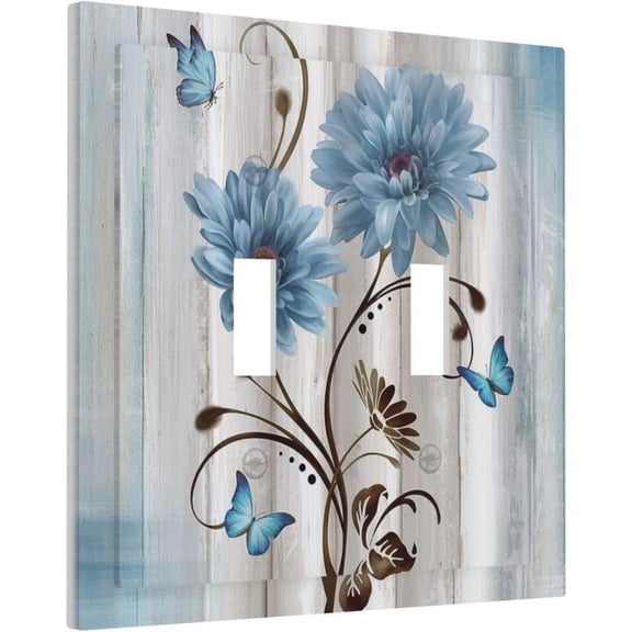 Rustic Floral Blue Daisy on Country Wood Double Toggle Light Switch Cover Decorative Butterfly 2 Gang Wall Plate Electrical Faceplate Switchplate for Farmhouse Bathroom Bedroom Living Room Decor