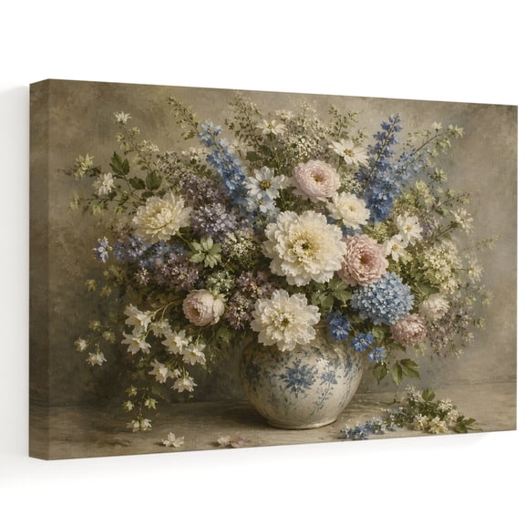 Rustic Floral Canvas Wall Art, White Chrysanthemums Blue Hydrangeas Vase Shabby Chic Wall Art Prints Artwork Framed Canvas Ready to Hang Art Pictures for Bathroom, Dressing Table, Entryway 12" x 8"