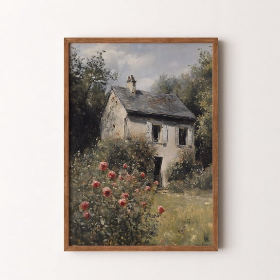 Rustic Floral Cottage Landscape Vintage Muted Rose Garden Countryside Wall Art, Elegant Botanical Theme For Home And Gallery Wall Decor