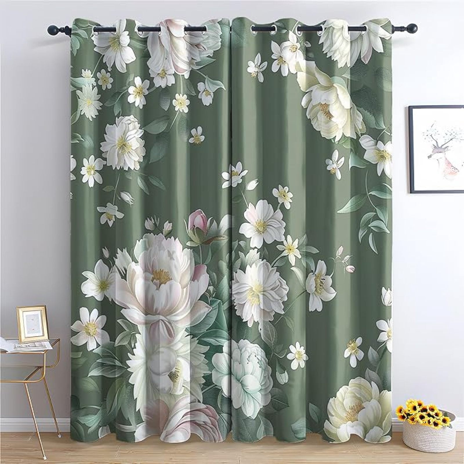 Dark Green Floral Blackout Curtains – Vintage Painting Pattern, 84 Inches Long, 2 Panels – For Bedroom & Living Room