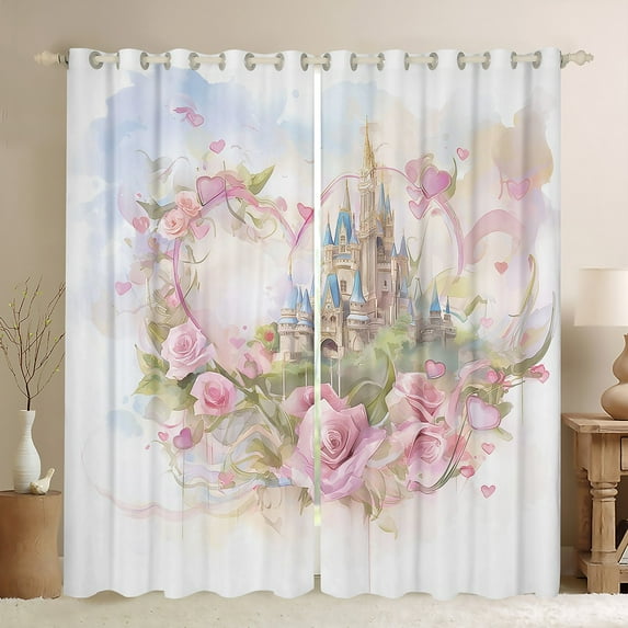 Rustic Floral Curtains Blue Castle Print 30%-50% Blackout Curtains Princess Themed Decor Bedroom Curtains Nature Pink Flowers Window Curtains Cute Romantic Themed Curtains,84"Wx90"L