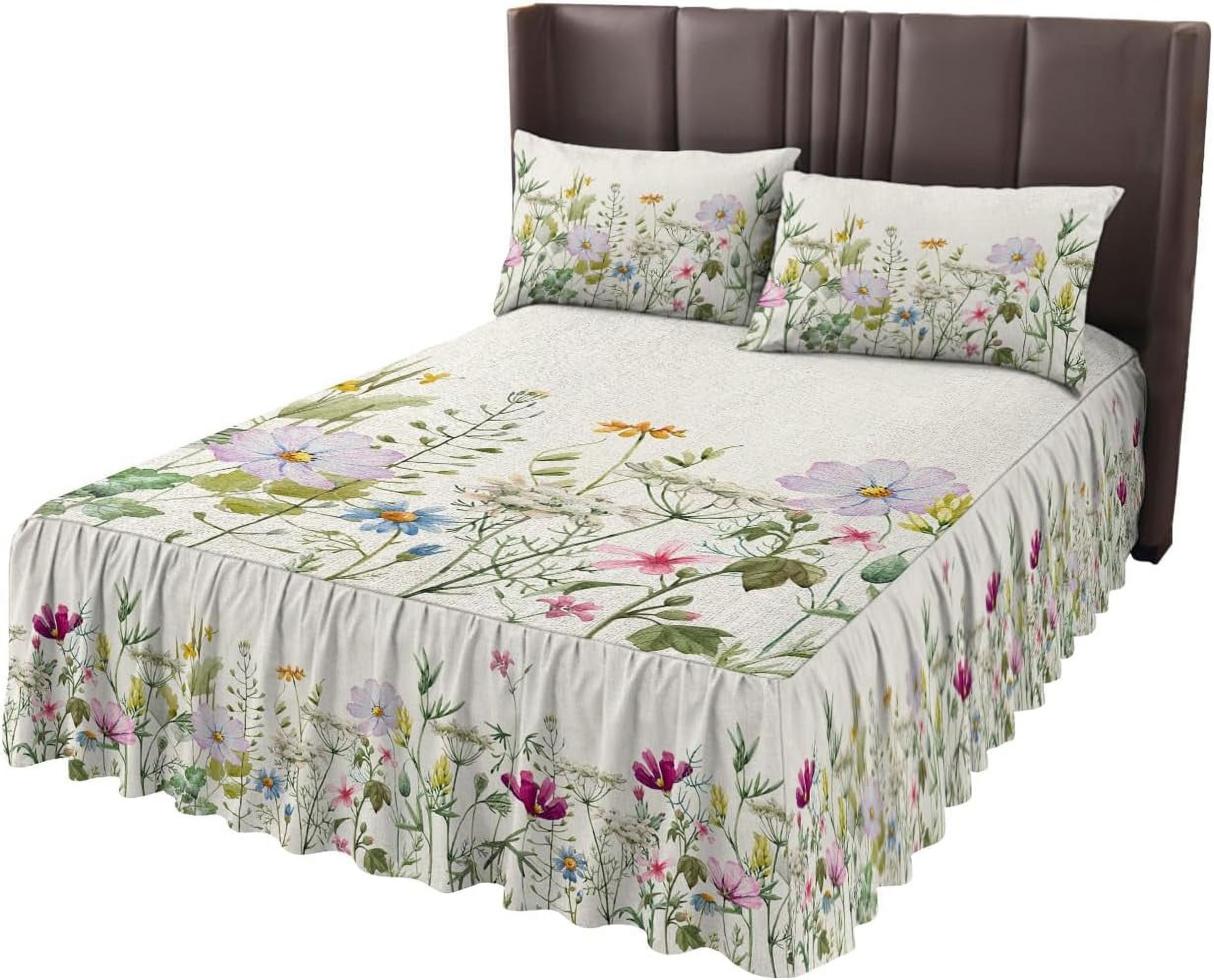Rustic Floral Farmhouse Wrap Around Pleated Bed Skirts For King Bed