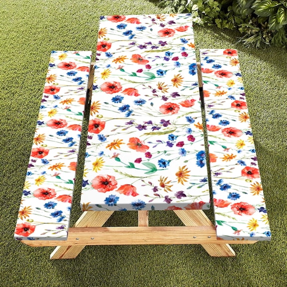 Rustic Floral Fitted Picnic Table Cover with Bench Covers Waterproof Elastic Edges Fitted Rectangle Tables Patio Tablecloth Camping Car Travel Must Haves