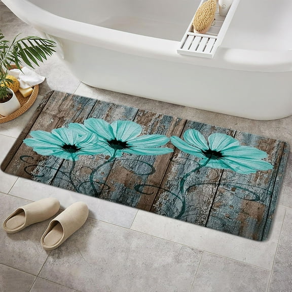 Rustic Floral Flannel Bath Mats Rugs, Farmhouse Teal Flowers Old Brown Wooden Plank Country Bathroom Mat, Vintage Fashion Bathroom Rug 16X48IN