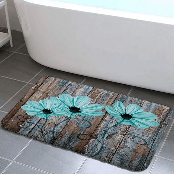 Rustic Floral Flannel Bath Mats Rugs, Farmhouse Teal Flowers Old Brown Wooden Plank Country Bathroom Mat, Vintage Fashion Bathroom Rug, 17 X 29 in