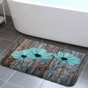 Rustic Floral Flannel Bath Mats Rugs, Farmhouse Teal Flowers Old Brown Wooden Plank Country Bathroom Mat, Vintage Fashio