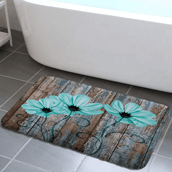 Rustic Floral Flannel Bath Mats Rugs, Farmhouse Teal Flowers Old Brown Wooden Plank Country Bathroom Mat, Vintage Fashion Bathroom Rug, 17 X 29 in