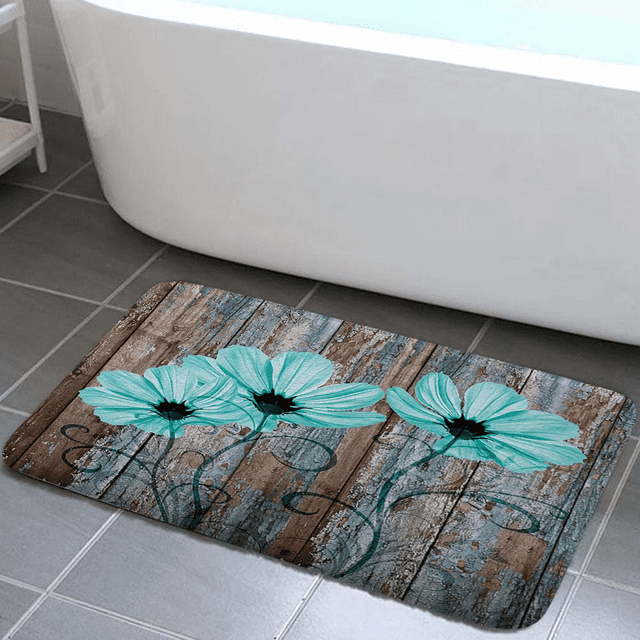 Rustic Floral Flannel Bath Mats Rugs, Farmhouse Teal Flowers Old Brown Wooden Plank Country