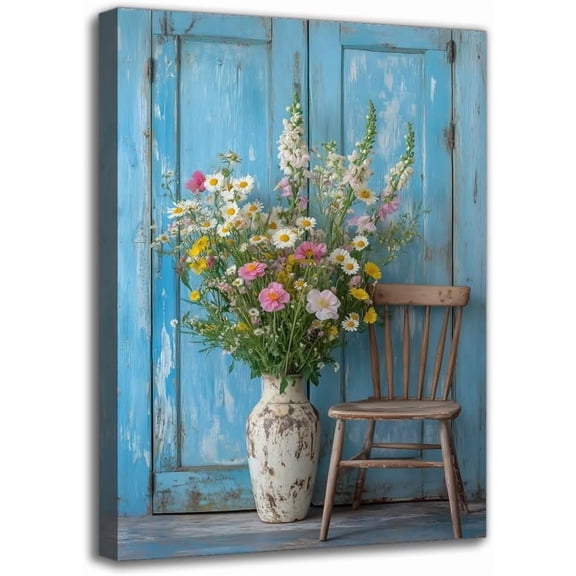 Rustic Floral Framed Canvas Wall Art Poster with Blue Vintage Door and Old Chair Design, Elegant Living Room or Bedroom Decor, Rustic Home Decor | Vintage Door Artwork | Aesthetic Room Decor