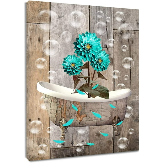 Rustic Floral Framed Wall Art Farmhouse Teal Dahlia Flowers in Vintage Bathtub Bathroom Canvas Wall Art Country Wood Board Picture Print Wall Artwork for Living Room Bedroom Ready to Hang 12"x16"