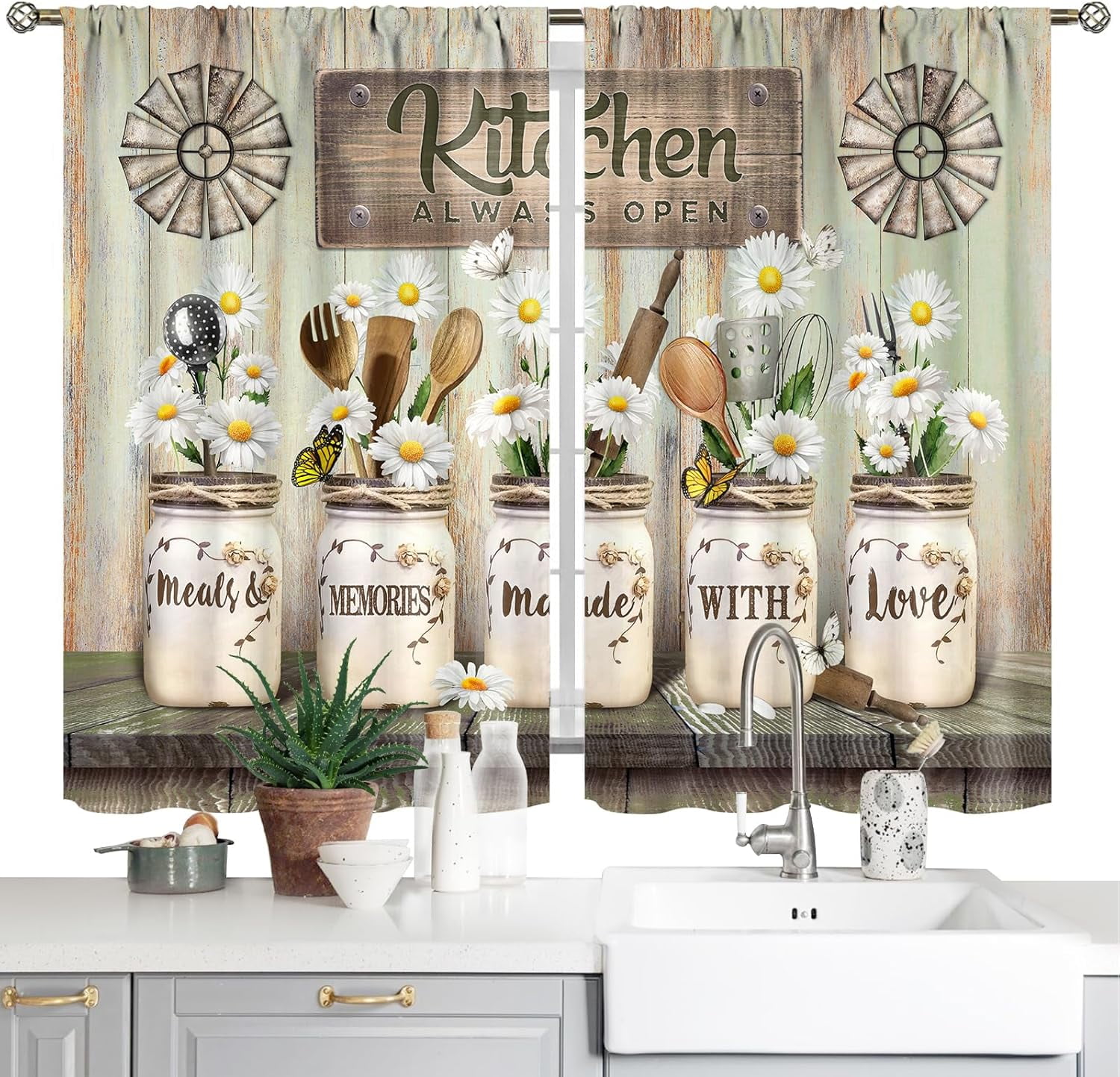 Rustic Floral Kitchen Curtains Daisy Farmhouse Vintage Flower Inspirational Small Short Cafe ...