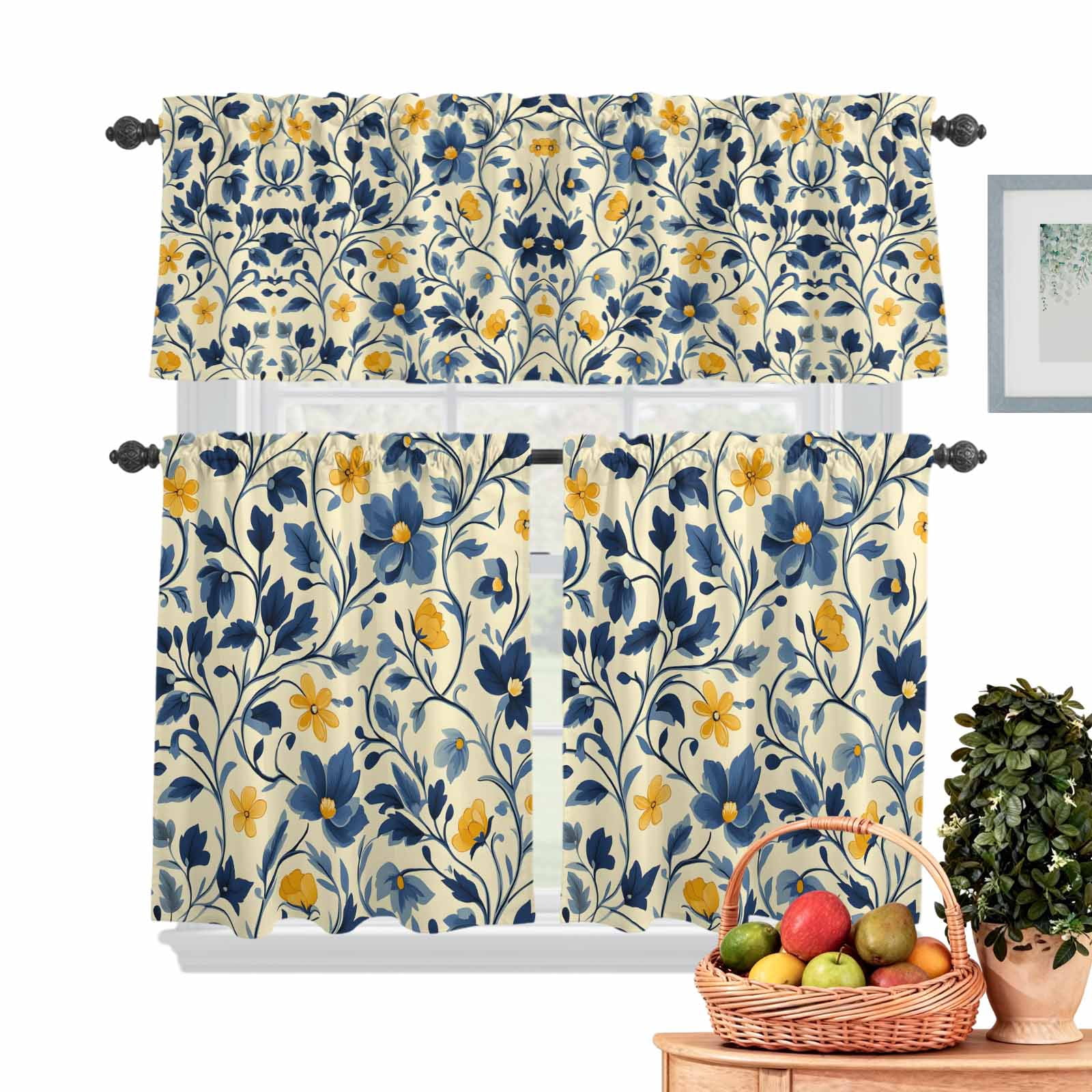 Rustic Floral Kitchen Curtains Valances 3 Piece Set, Watercolor Vintage Yellow Blue Flower Blue Grey Leaf Linen Texture Rod Pocket Tier Curtain & Valance Drapes for Small Window 24 Inch Length