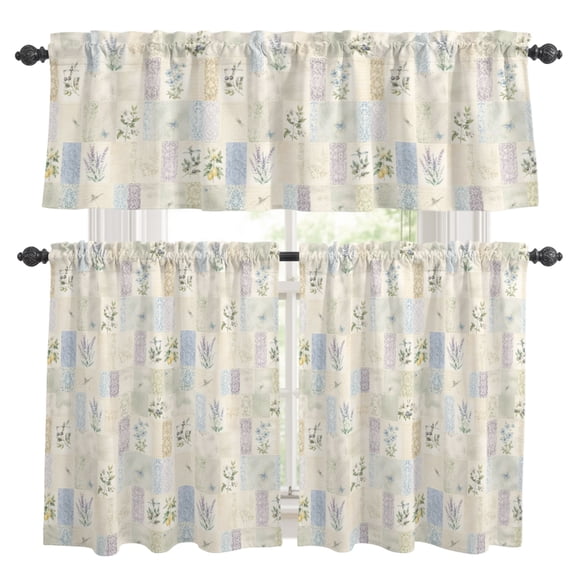 Rustic Floral Kitchen Curtains and Valances Set, Garden Flower Lavender Shabby Chic French Country Rod Pocket Window Valance Window Curtain Panels for Living Room Bedroom Laundry, 27.5x36in, 3 Pieces