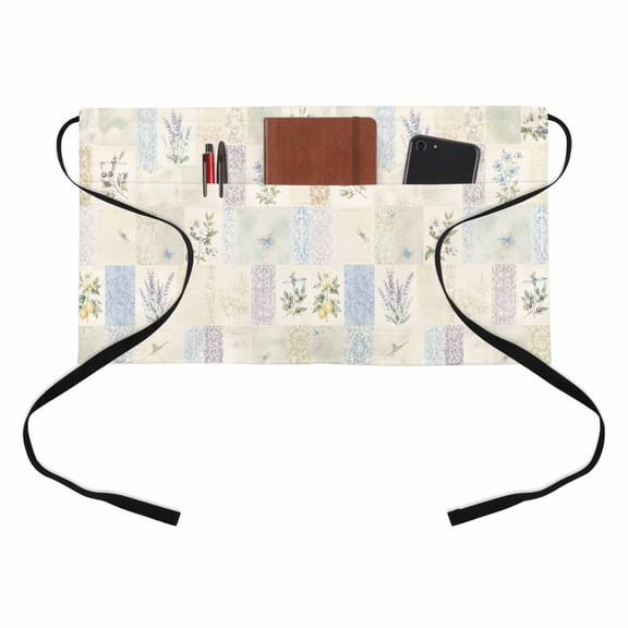Rustic Floral Kitchen Restaurant Half Waist Apron, Garden Flower Lavender Shabby Chic French Country Server Short Apron with 3 Pockets Waterproof Oil Waist Aprons for Women Waitress Waiter