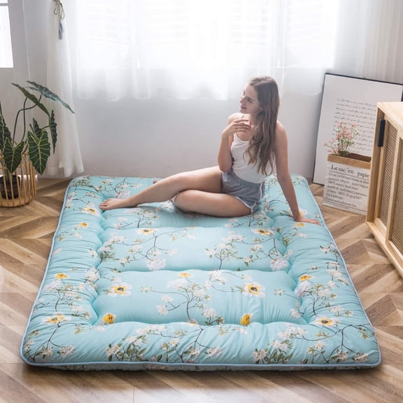 Rustic Floral Korean Floor Mattress Japanese Futon, Foldable Bed Roll Up Camping Lounger Bed Couches and Sofas Mattress Topper Queen Size