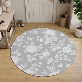 Rustic Floral Pattern Round Area Rug 3Ft Washable Small Circle Rugs for Kitchen Entryway, Vintage Minimalist Flower Gray Non-Slip Carpet Floor Mats Indoor Outdoor Carpet Runner Aesthetic Home Decor