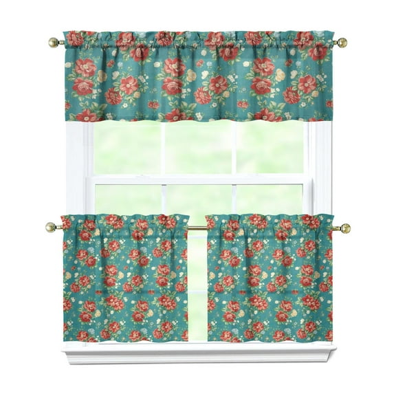 Rustic Floral Print Curtains 24" Short - 3 Panel Vintage Country Set with Bohemian Wildflowers, Farmhouse Rod Pocket Treatment