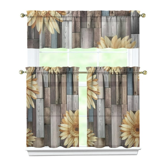 Rustic Floral Print Curtains 36 Inch Short - 3 Panel Vintage Country Set with Bohemian Wildflowers, Rod Pocket Window Treatment for Farmhouse Decor
