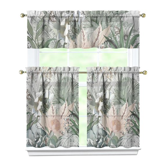 Rustic Floral Print Curtains 36 Inch Short - 3 Panel Vintage Country Set with Bohemian Wildflowers, Rod Pocket