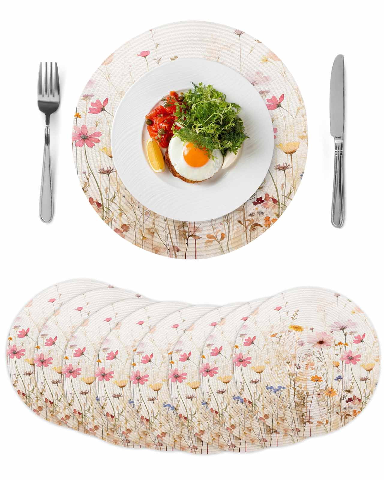 Rustic Floral Round Table Placemats set of 8, Vintage Watercolor ...
