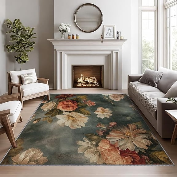 Rustic Floral Rugs for Bedroom, Vintage Floral Rug, Shabby Chic Area Rug, Vintage Flower Washable Door Mat for Entryway, Kitchen, Rustic Botanical Home Decor & Gifts 3x5ft