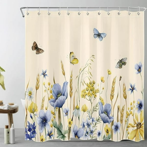 Rustic Floral Shower Curtain Blue And Yellow Wildflower With Butterfly Nature Plant On Beige Shower Curtains For Bathroom,Farmhouse Country Fabric Bath Curtain With 12pcs Hooks 60"W x 72"L