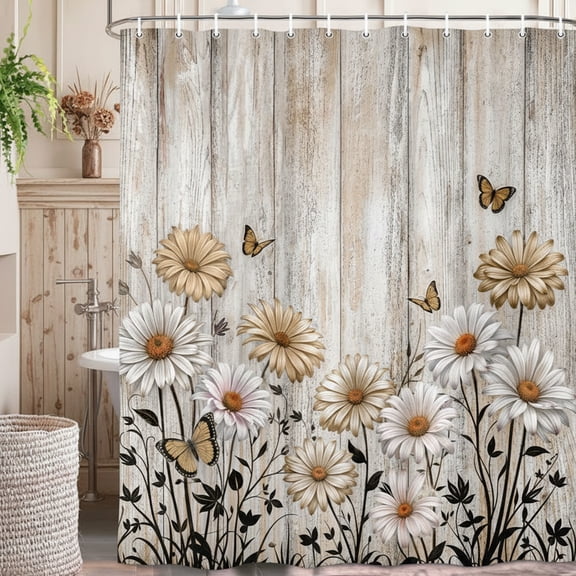 Rustic Floral Shower Curtain, Farmhouse Brown Flower Daisy Butterfly Bathroom Curtain Decor, American Country Farm Wooden Board Wild Garden Plant Fabric Shower Curtains with Hooks, 36x72 Inches