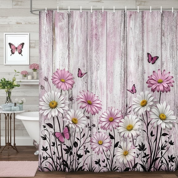Rustic Floral Shower Curtain, Farmhouse Pink Flower Daisy Butterfly Bathroom Curtain Decor, American Country Farm Wooden Board Wild Garden Plant Fabric Shower Curtains with Hooks, 47x64 Inches