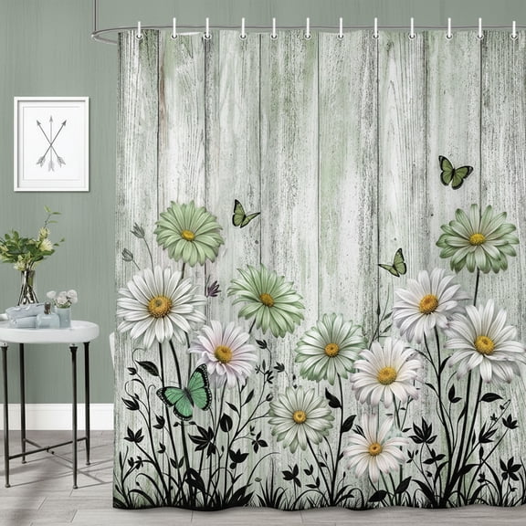 Rustic Floral Shower Curtain, Farmhouse Sage Green Flower Daisy Butterfly Bathroom Curtain Decor, American Country Farm Wooden Board Wild Garden Plant Fabric Shower Curtains with Hooks, 36x72 Inches