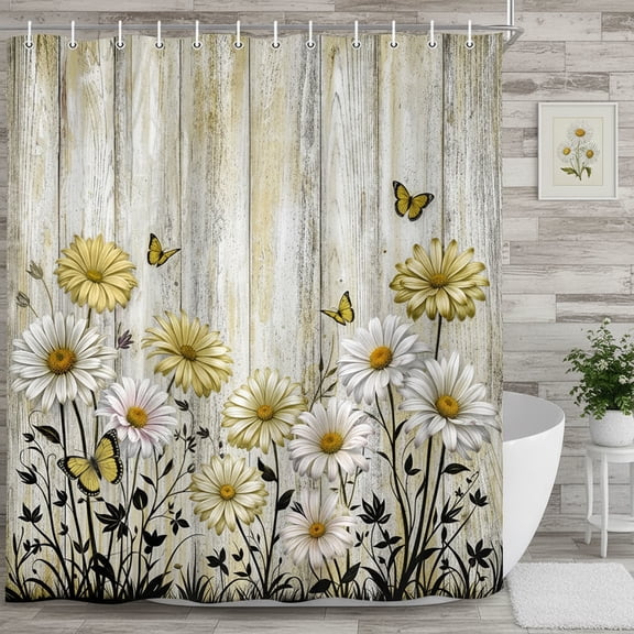 Rustic Floral Shower Curtain, Farmhouse Yellow Flower Daisy Butterfly Bathroom Curtain Decor, American Country Farm Wooden Board Wild Garden Plant Fabric Shower Curtains with Hooks, 72x72 Inches