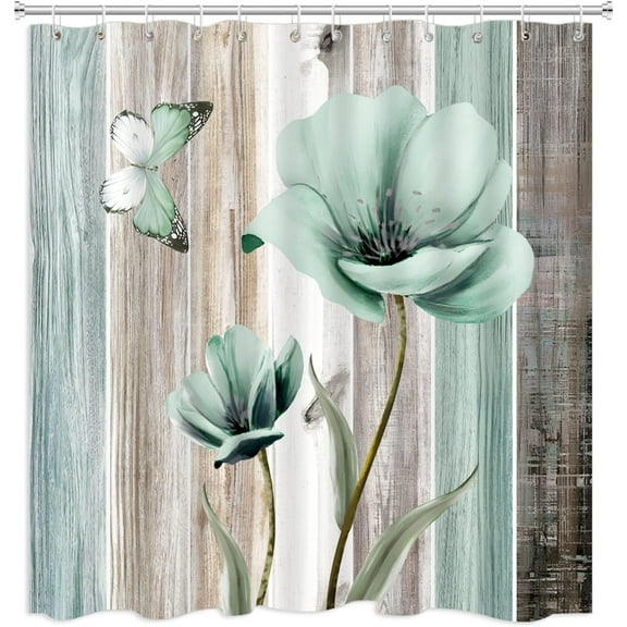 Rustic Floral Shower Curtain Green Tulip Flowers Butterfly Farmhouse Blue Grey Wood Barn Door Country Fabric Bath Curtains Bathroom Set with Hooks 70x70 Inch