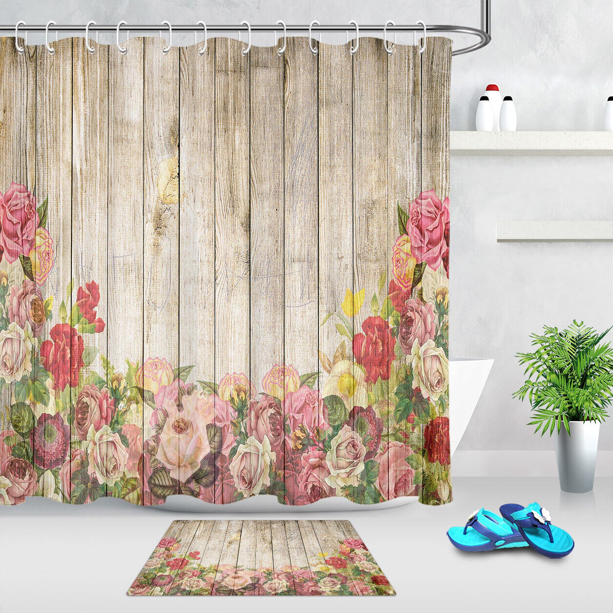 Rustic Floral Shower Curtain Set with Waterproof Fabric and Hooks for a ...