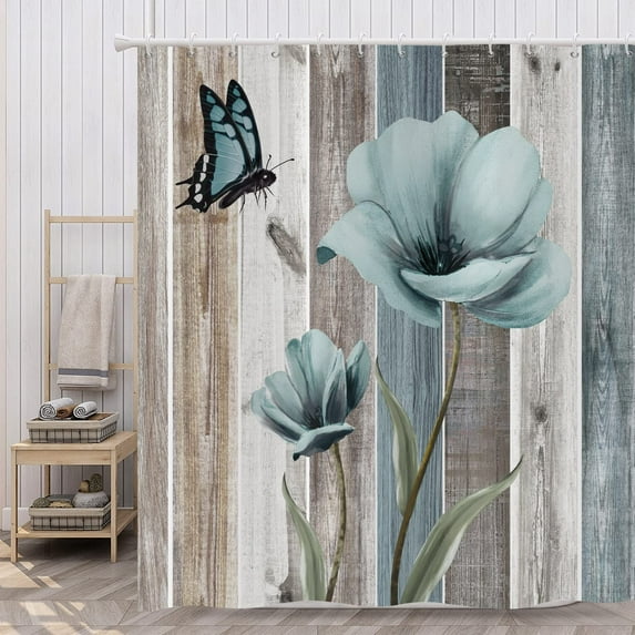 Rustic Floral Shower Curtain Teal Flowers Butterfly Bath Curtain with Hooks Blue Grey Wood Barn Door Country Bathroom Curtains Waterproof Polyester Fabric Home Decor 72Wx84L