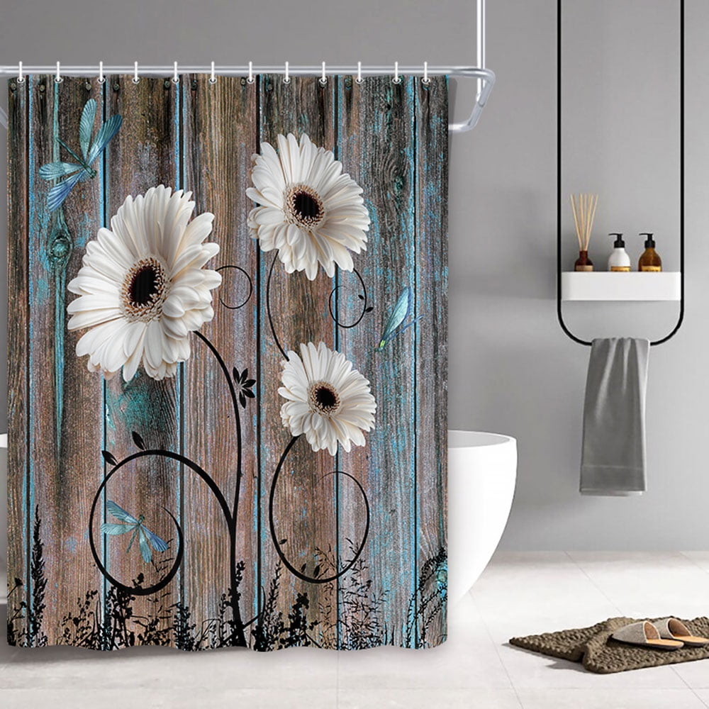 Rustic Floral Shower Curtain,White Daisy Flower Dragonfly on Country