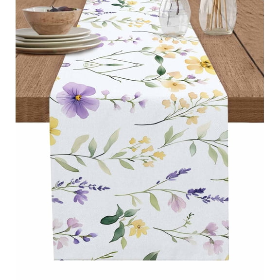 Rustic Floral Spring Burlap Cotton Table Runner 13x36 Inches Short, Summer Botanical Blossom Farmhouse Table Runners, Outdoor Dining Tablecloths Decor for Baby Shower/Party/Wedding