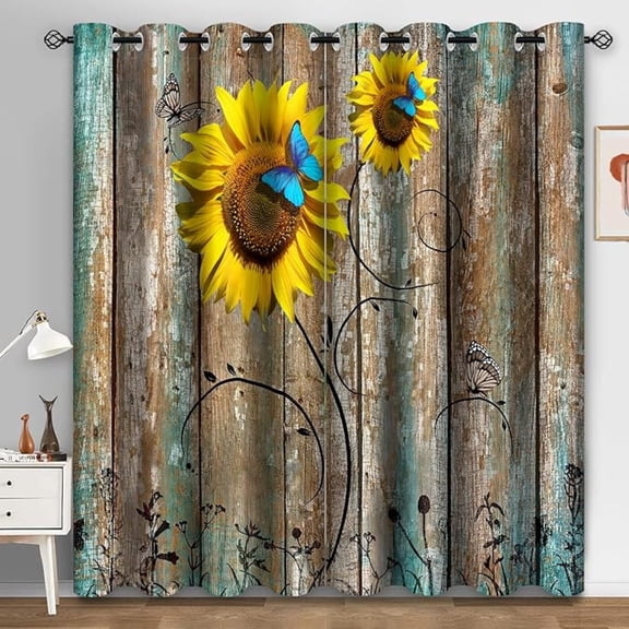 Rustic Floral Sunflower Blackout Curtains - Room Darkening Curtains Farmhouse Country Wooden Plank Blue Butterfly Window Drapes Decor For Bedroom Living Room Grommet 42"W x 96"L (Pack of 2)