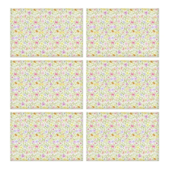 Rustic Floral Table Mats Set of 6, Heat Resistant Wrinkle Free Flax Placemats with Wildflower Bloom, Bee, and Butterfly Design for Country Farmhouse Dining Decor