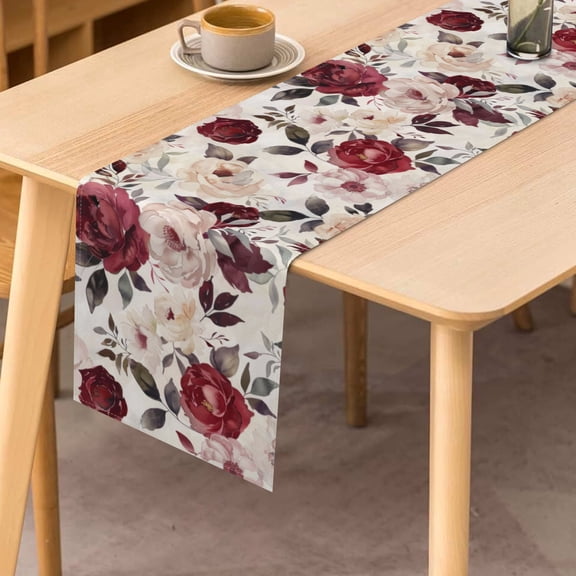 Rustic Floral Table Runner 72 In Red Flowers Dining Linen Runner for Table Decorations