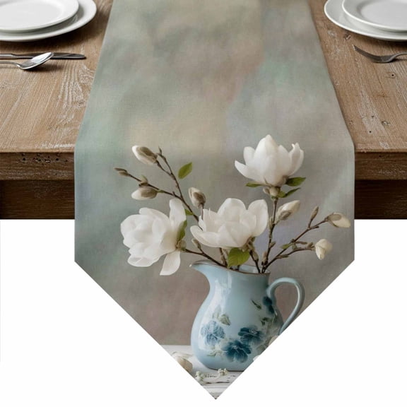 Rustic Floral Table Runner Linen Burlap Table Runner 36 Inches Small White Magnolia Flowers Farmhouse Bottle Branch Dresser Scarves for Kitchen Island Coffee Dining Room Party Holiday Decor 13"x36"