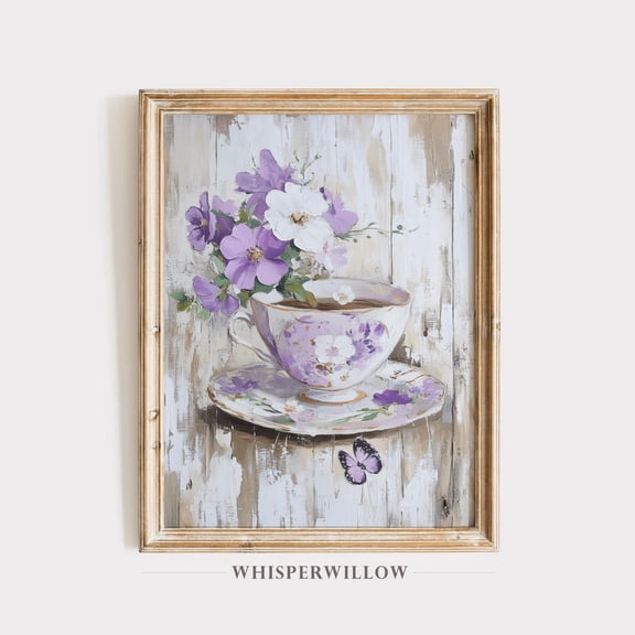 Rustic Floral Teacup,, Purple Flowers, Shabby Chic Vintage Kitchen Restaurant Art, Country UNFRAMED Poster, Wall Art for Decor, Present, 16x24