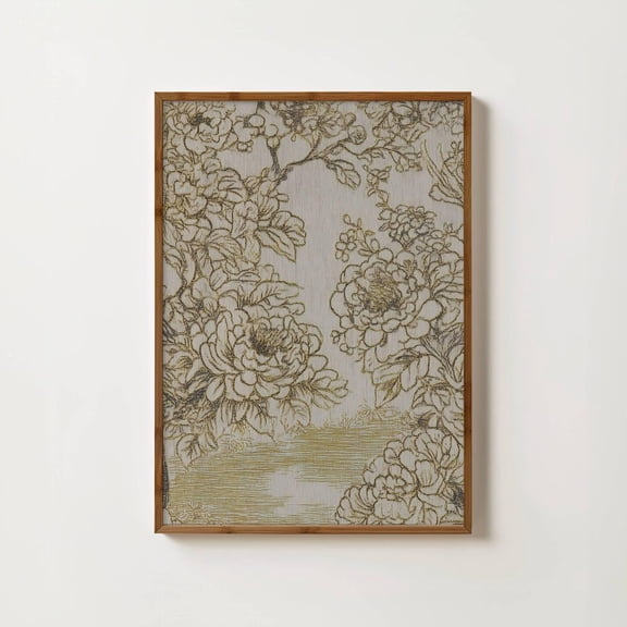 Rustic Floral Textile Print Gold Flower Sketch Neutral Textile Art Moody Botanical Print Vintage Flower Drawing Gold Floral Farmhouse Decor Home Decor #1009, Stretched Canvas Size 12x18