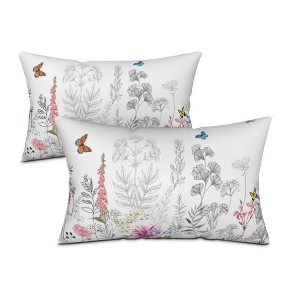 Rustic Floral Throw Pillow Covers 12x20 Botanical Linen Pillowcase for Sofa Bed Room Decor Set of 2