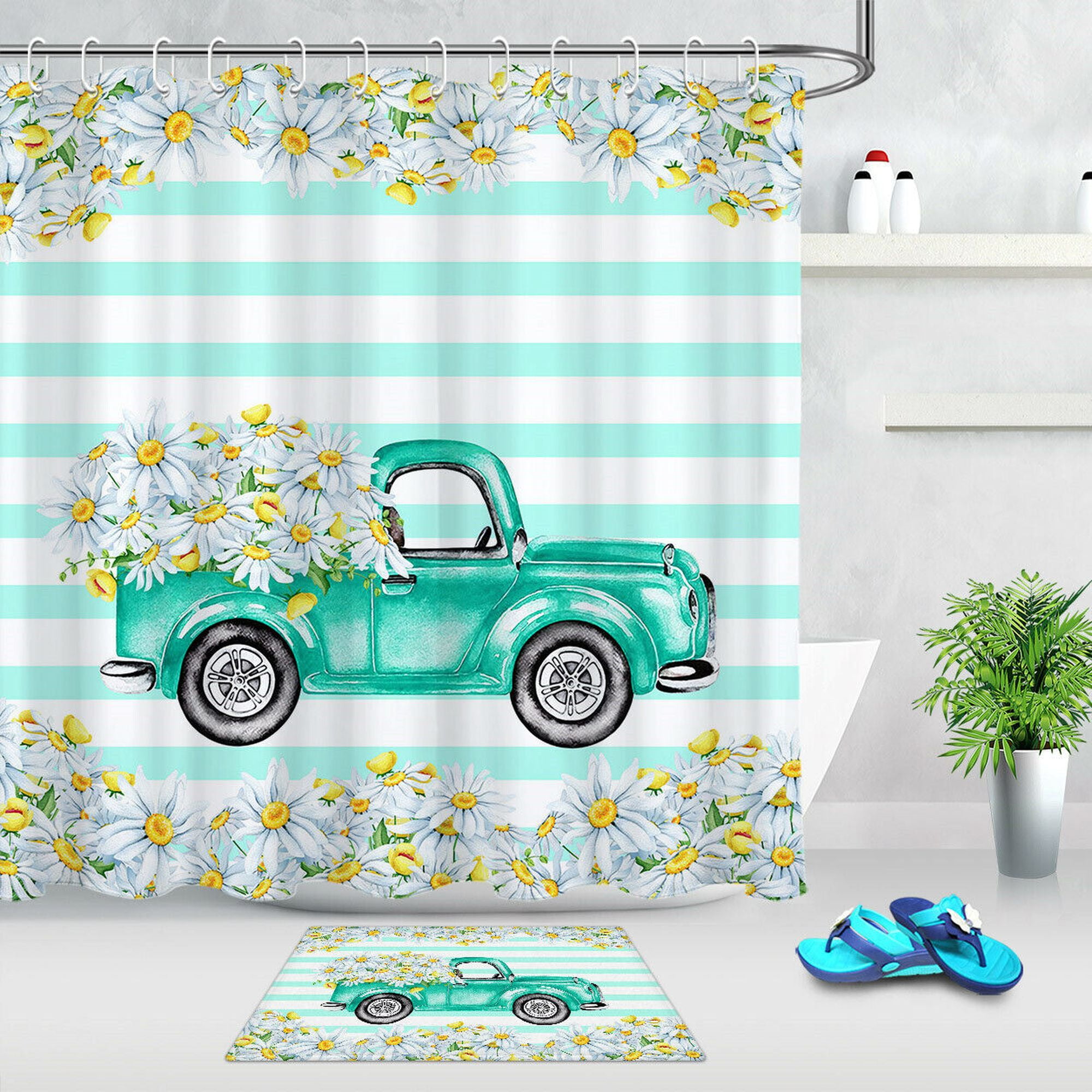 Rustic Floral Vintage Truck Shower Curtain with Daisies Farmhouse