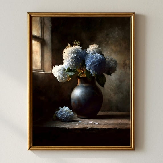 Rustic Floral Wall Art, Blue Hydrangeas In Dark Vase Still Life, Moody Farmhouse Vintage Flower Decor Home Decor #1064, Stretched Canvas Size 12x18
