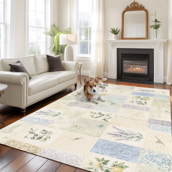 Rustic Floral Washable Area Rug 5x7 Garden Flower Lavender Shabby Chic French Country Low-Profile Large Area Rugs Non Slip Backing Indoor Floor Carpet for Entrance Living Room Bedroom Home Office