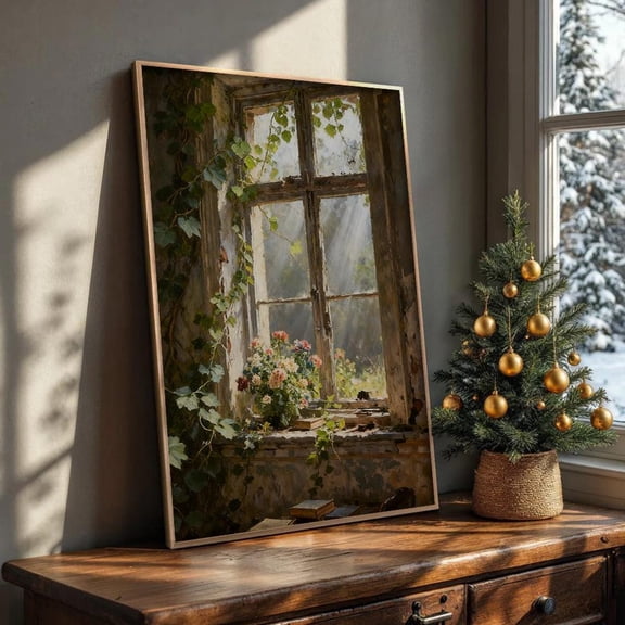 Rustic Floral Window Art Cottagecore Botanical Poster Home Decor, 24x36 UNFRAMED